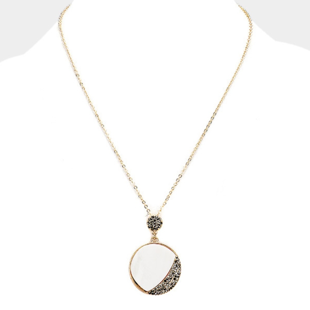 Pave Rhinestone Mother of Pearl Pendant Necklace